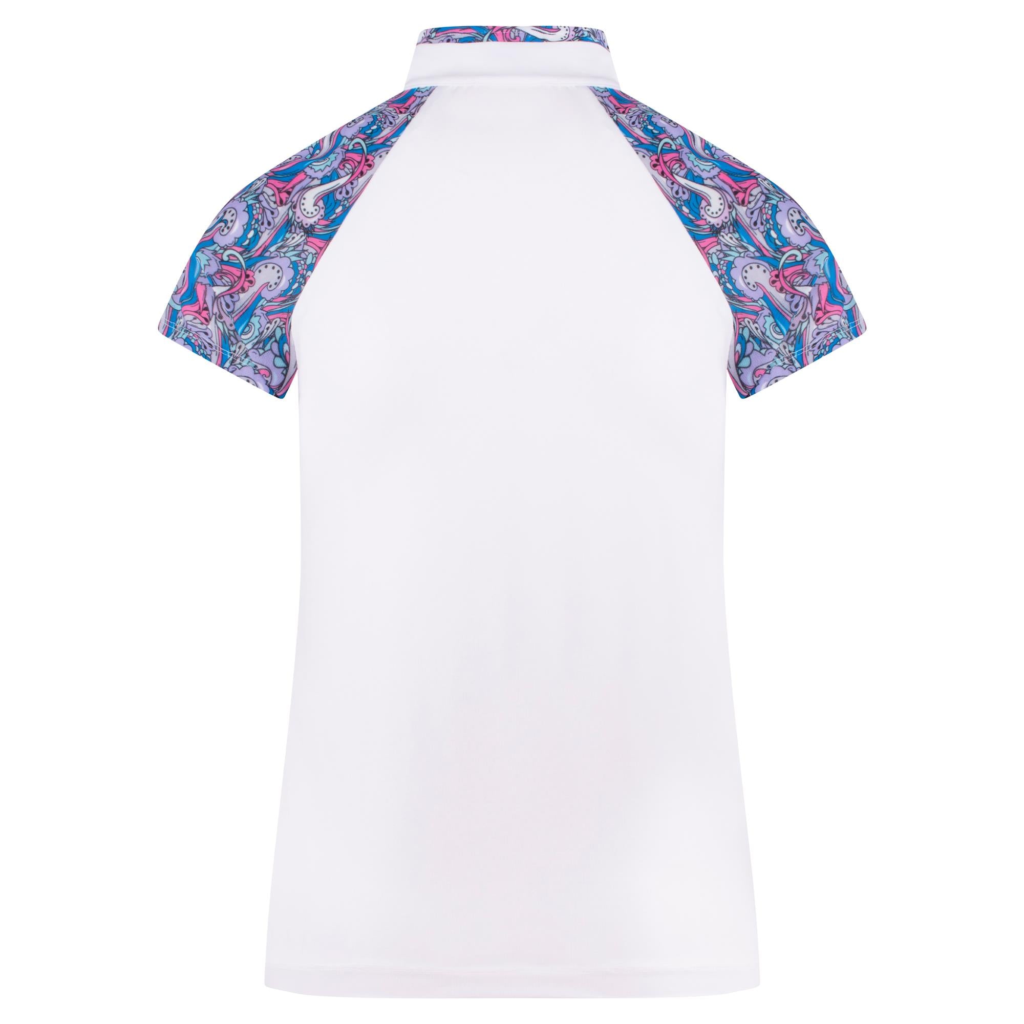 back shot of white ladies polo with shoulder patterned detail